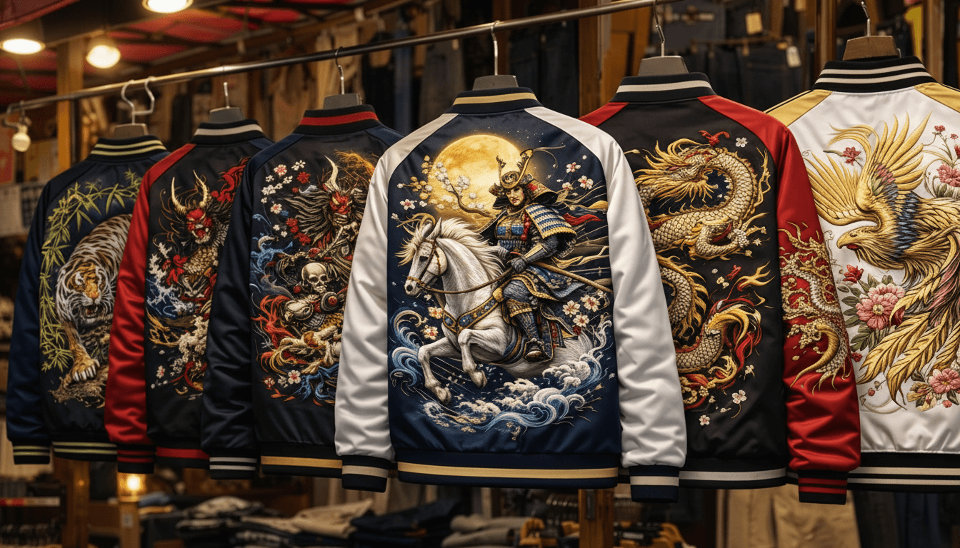 A curated wall of Sukajan jackets showing the military-rooted heritage behind the style.