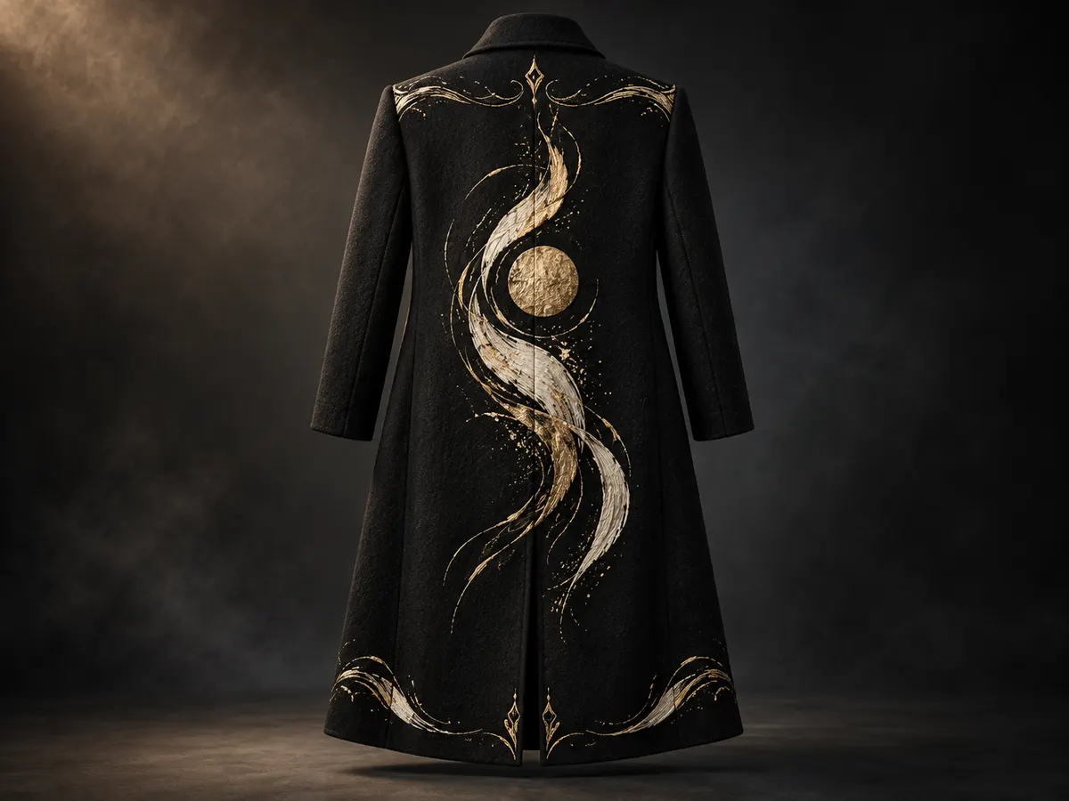Long black coat panel with a balanced abstract ivory and gold embroidery layout