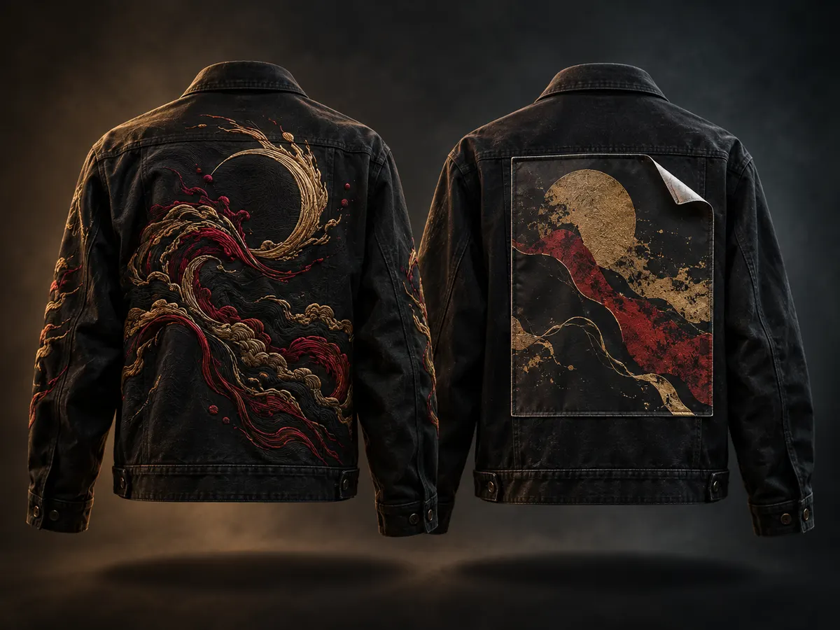 Raised direct embroidery and a flat heat-pressed patch compared on black panels