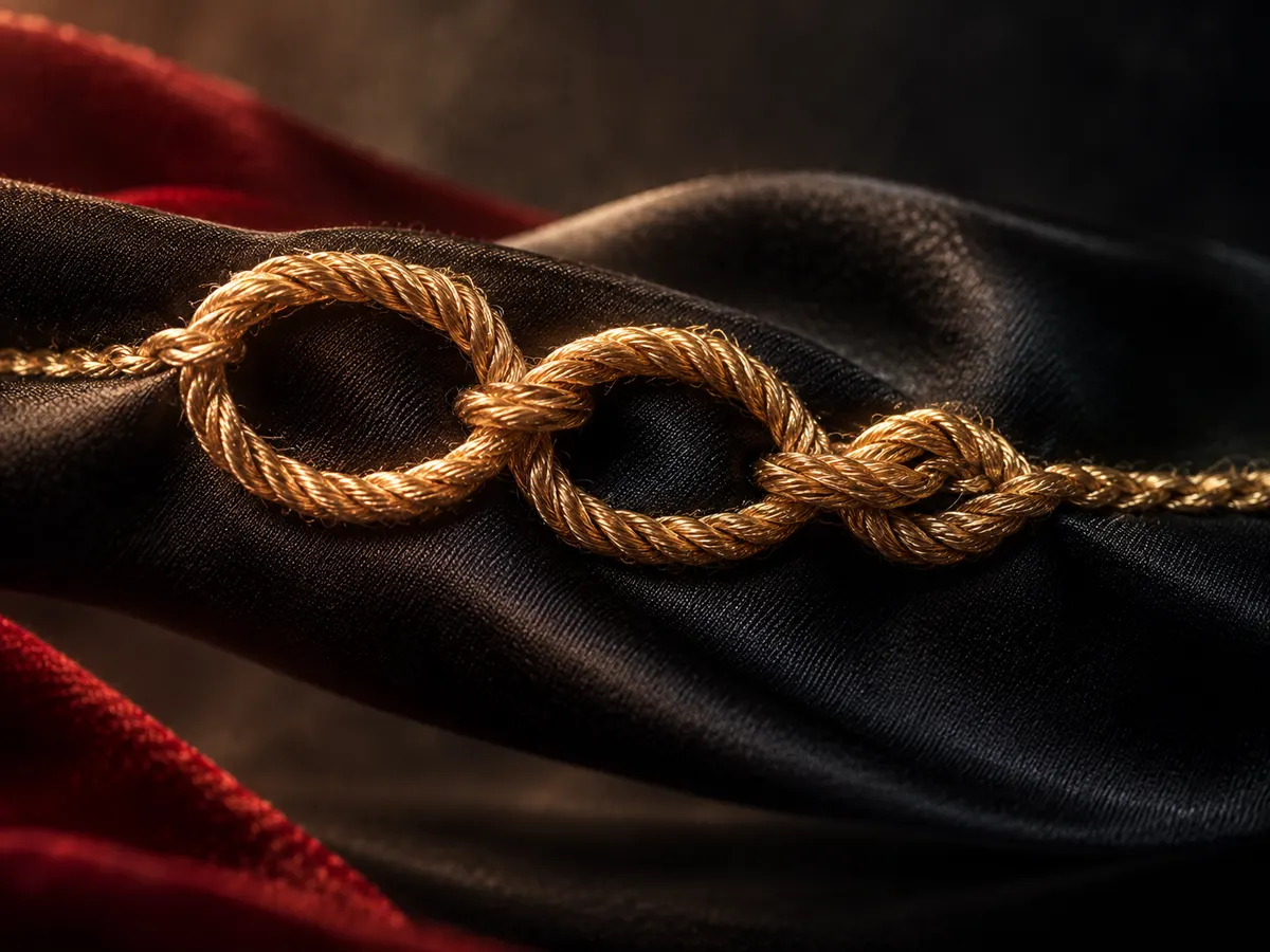 Macro view of three gold chain-stitch loops tightening across black satin