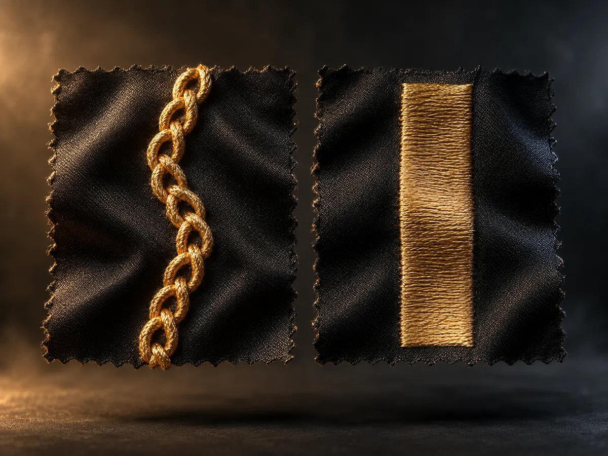 Raised gold chain stitch and flat satin stitch shown side by side on black fabric