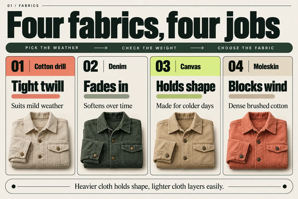 Four chore jacket fabrics: cotton drill for mild weather, denim that fades, canvas that holds shape, moleskin blocks wind.