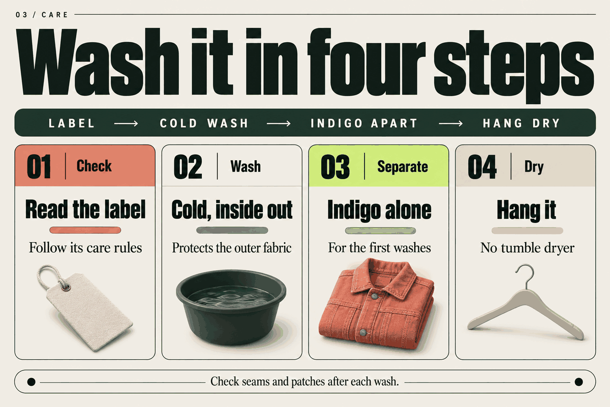 Animated wash steps appear in order: read the label, wash cold inside out, wash indigo alone, hang to dry.