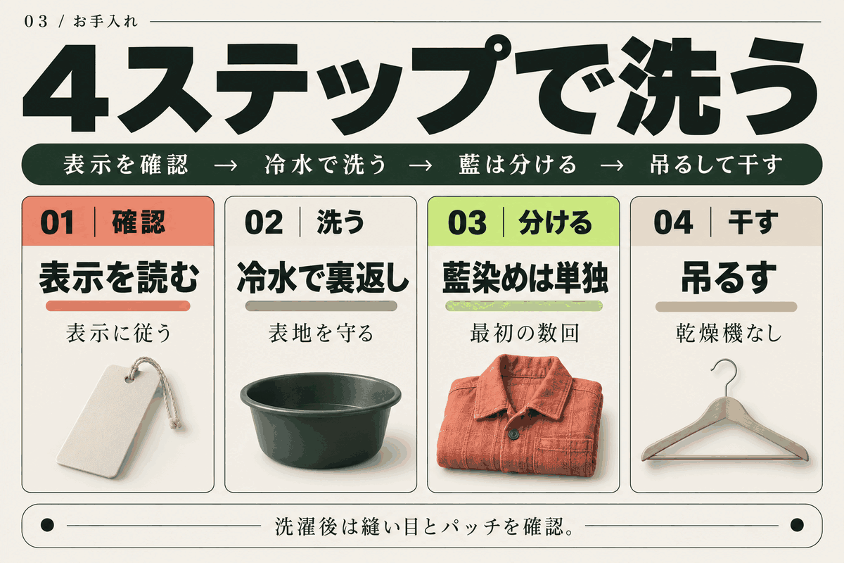 洗濯の4ステップが順番に現れるアニメーション。表示を読む、冷水で裏返して洗う、藍染めは単独で洗う、吊るして干す。
