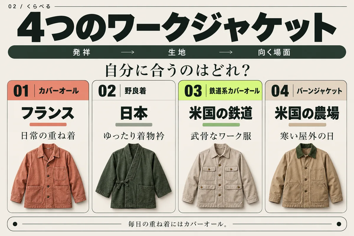 4つのワークジャケットの比較。カバーオールはフランス、野良着は日本、鉄道系カバーオールは米国の鉄道、バーンジャケットは米国の農場が発祥です。