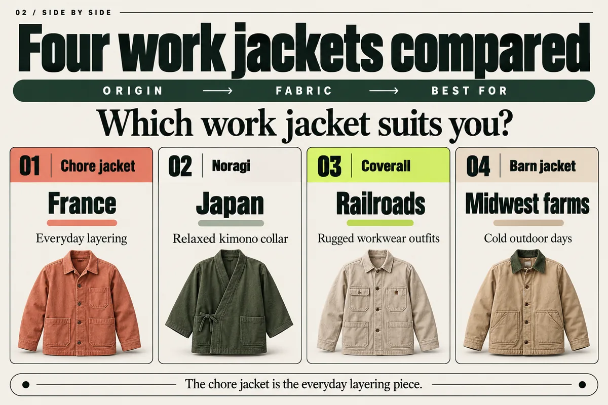 Four work jackets compared: chore jacket from France, noragi from Japan, coverall from railroads, barn jacket from farms.