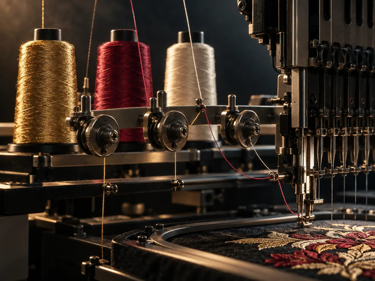 Gold, crimson and ivory threads feeding through an embroidery machine during a colour change