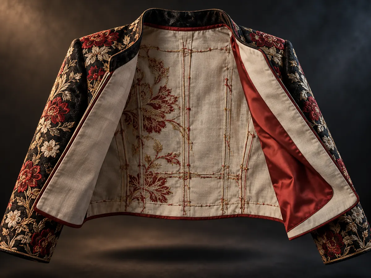 Reverse side of an embroidered jacket panel with neat backing and secured thread paths