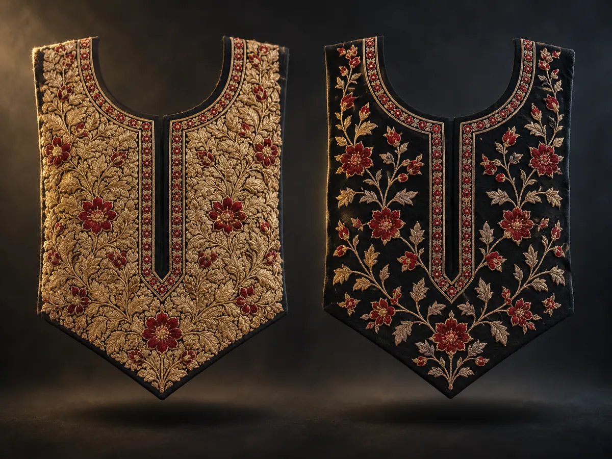 Dense and sparse gold embroidery compared side by side on black fabric