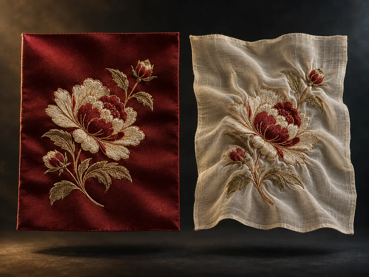 Heavy satin lying flat beside thin fabric puckering around embroidery