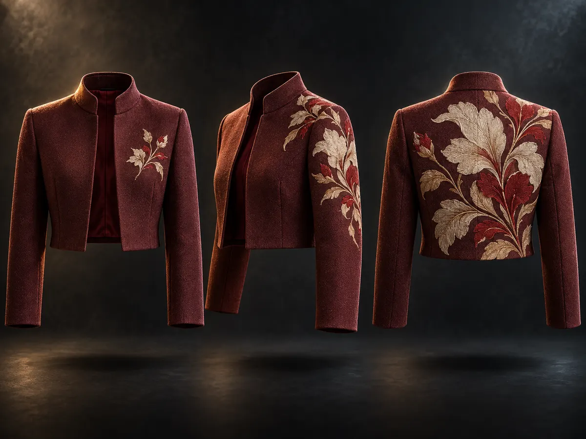 Three cropped burgundy jackets showing small, medium and large motif placements