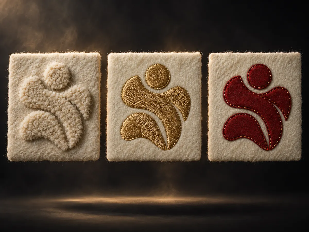 Chenille, direct embroidery and applique versions of the same abstract motif