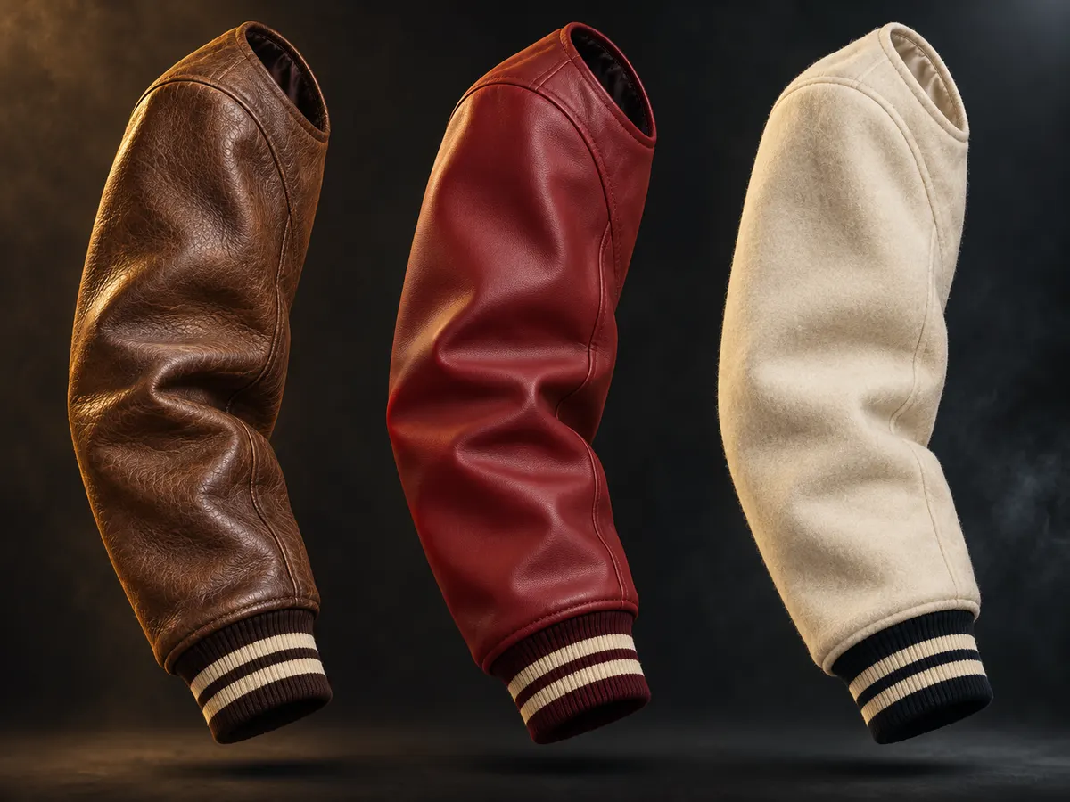 Natural leather, synthetic leather and melton wool varsity sleeves compared