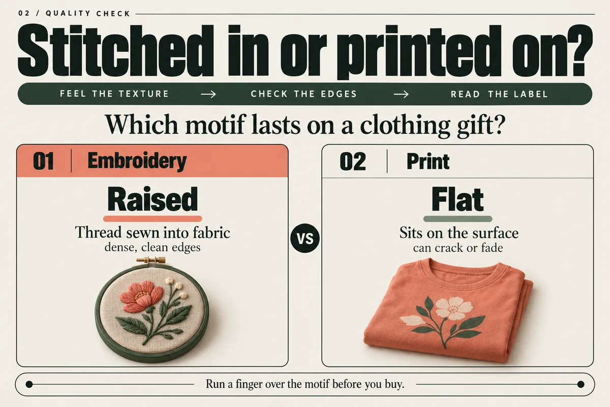 Embroidery has raised, neatly edged stitches; print lies flat on fabric and may crack or fade.