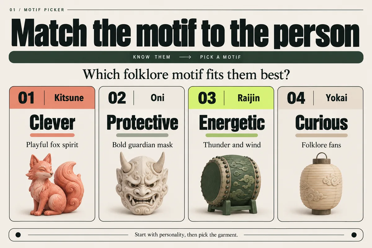 Anime motif picker: kitsune for cleverness, oni for protection, Raijin and Fujin for energy, yokai for folklore.