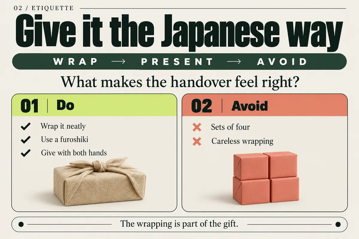Japanese gifting etiquette: wrap neatly, use furoshiki, give with both hands, and avoid sets of four.