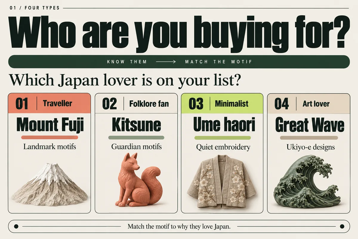 Japan lover motifs: Mount Fuji for travellers, kitsune for folklore fans, ume for minimalists, Great Wave for art lovers.
