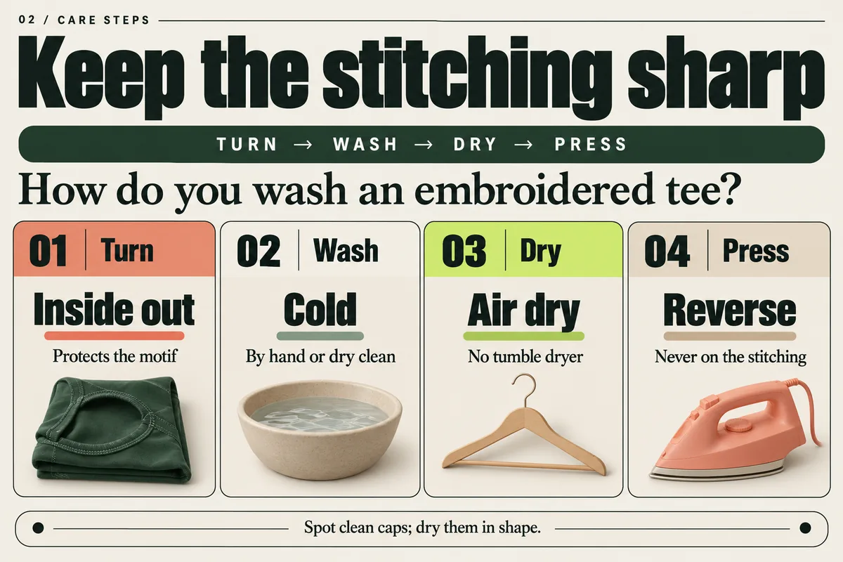 Embroidered tee care: turn inside out, wash cold by hand or dry clean, air dry, and iron on the reverse.