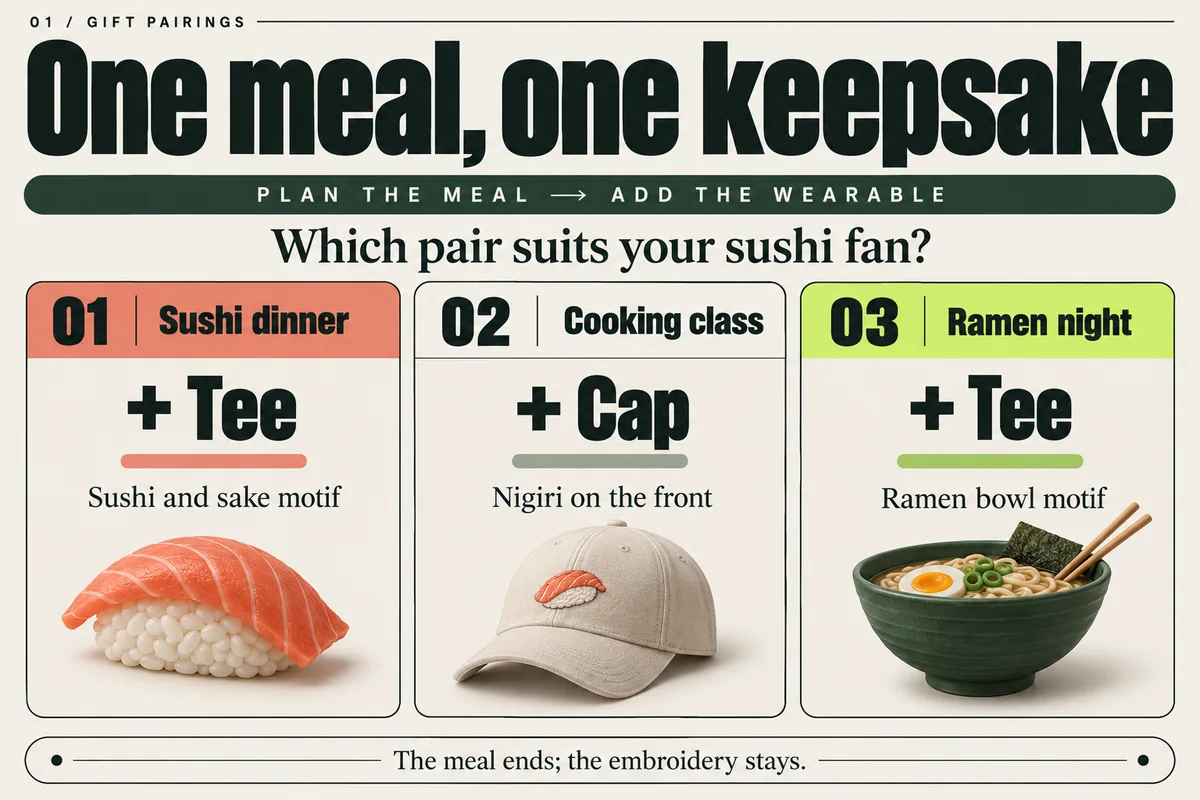 Sushi lover gifts: dinner with a sushi and sake tee, cooking class with a nigiri cap, or ramen night with a ramen tee.