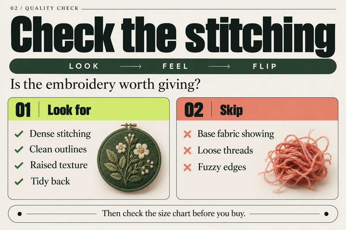 Embroidery quality check: seek dense, clean, raised stitching and a tidy back; avoid loose threads and fuzzy edges.