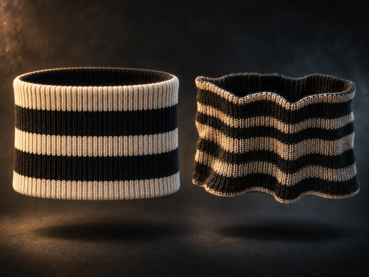 Firm striped bomber ribbing compared with a loose wavy waistband