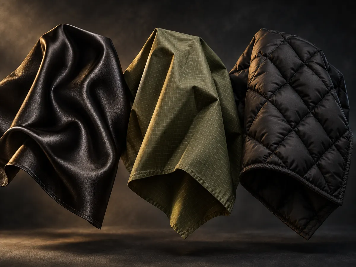 Acetate satin, ripstop nylon and quilted polyester shell fabrics under raking light