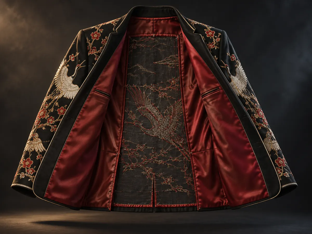 Vintage-style jacket interior with red satin lining, bound seams and secured thread paths