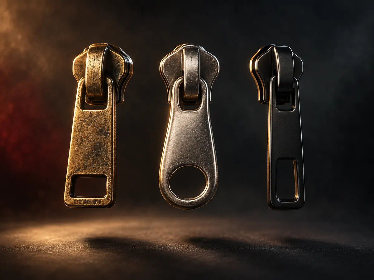 Tarnished brass, rounded nickel and blackened zipper pulls compared in a row