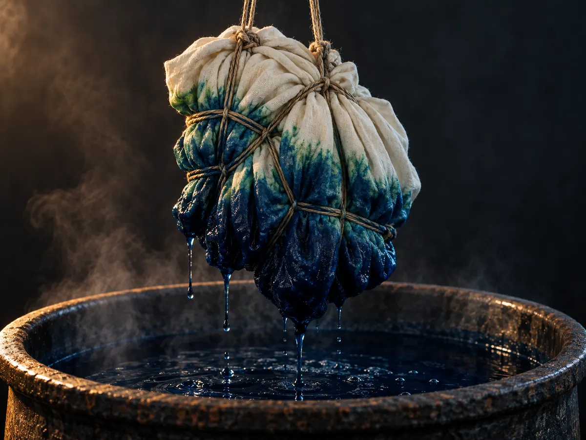 Bound cotton emerging from an indigo vat while oxidising from green to blue
