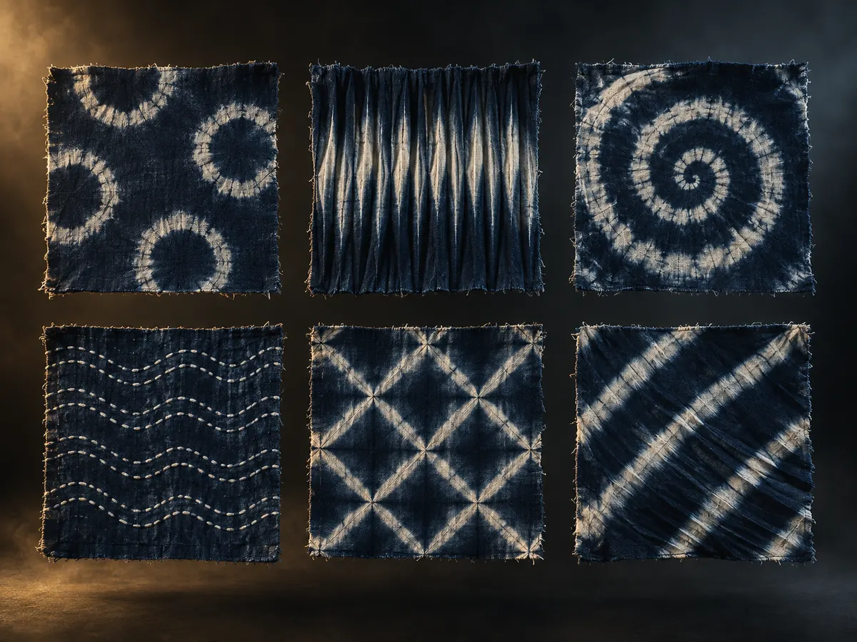 Six indigo shibori swatches displaying distinct resist-dye patterns