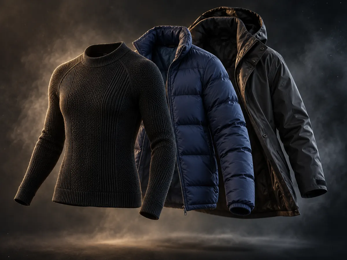 Knitted base, padded indigo mid-layer and satin outer shell separated in depth