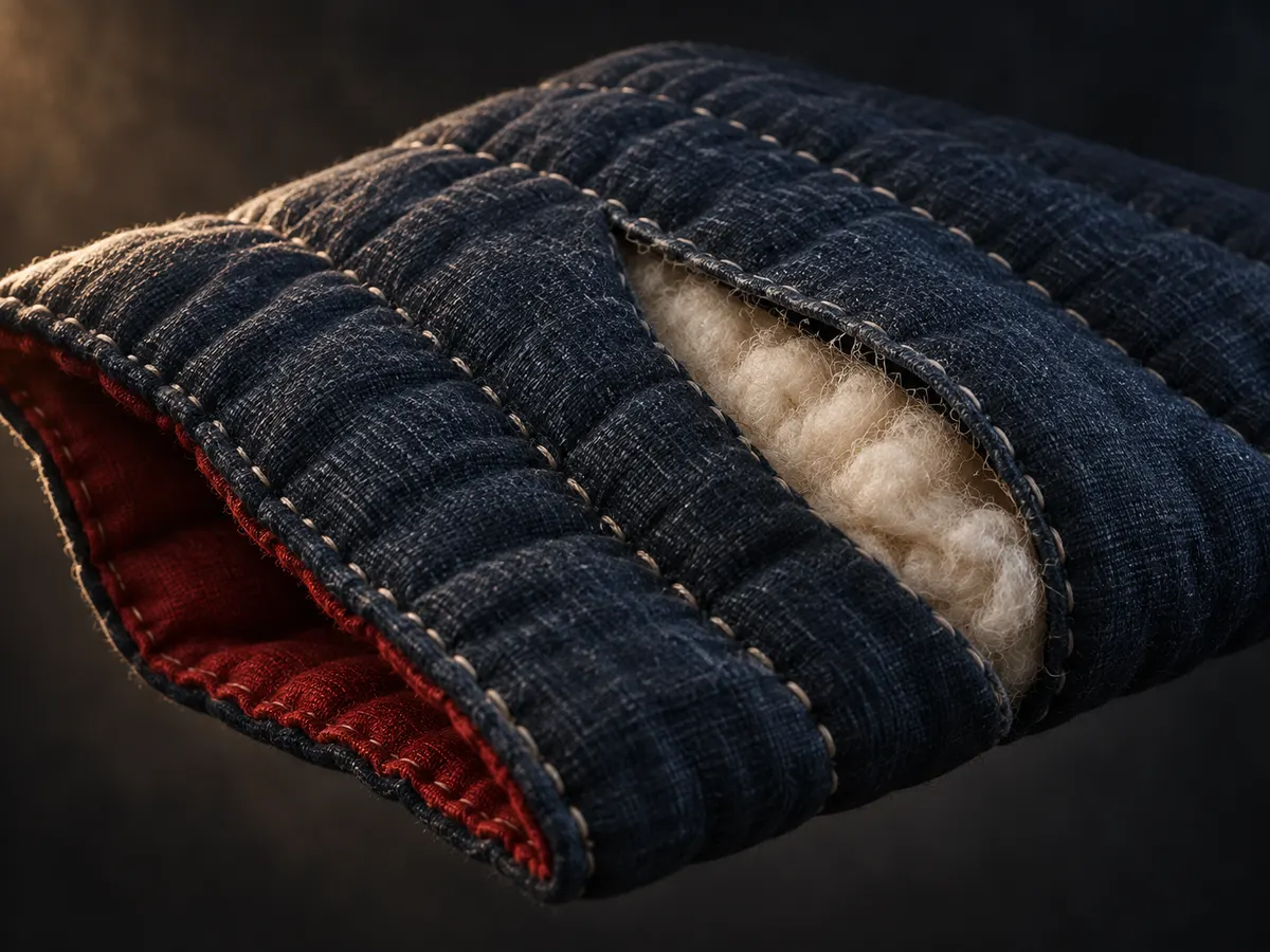 Opened quilt channel revealing the insulating wadding inside an indigo panel