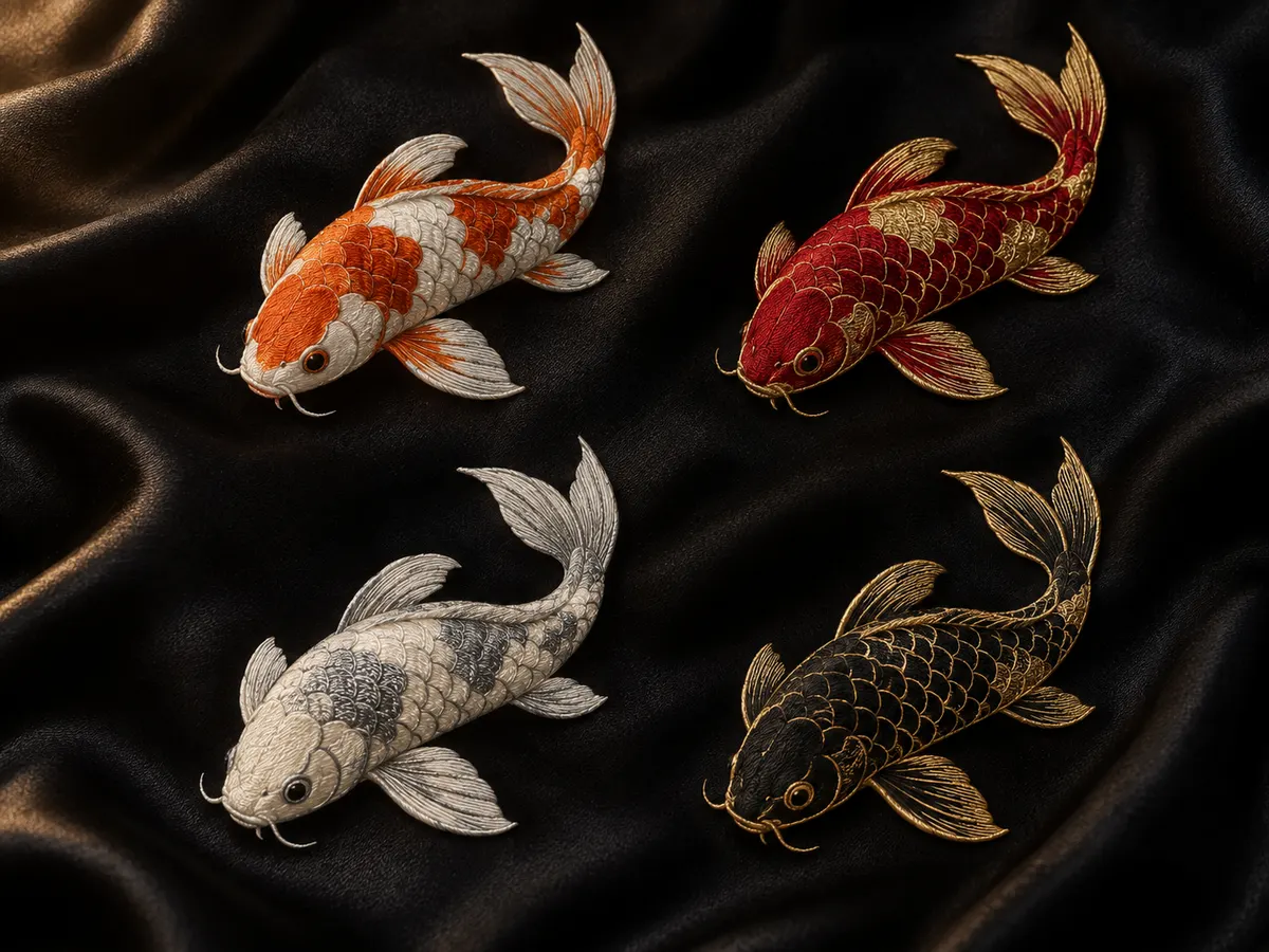 Four embroidered koi colourways arranged on black satin