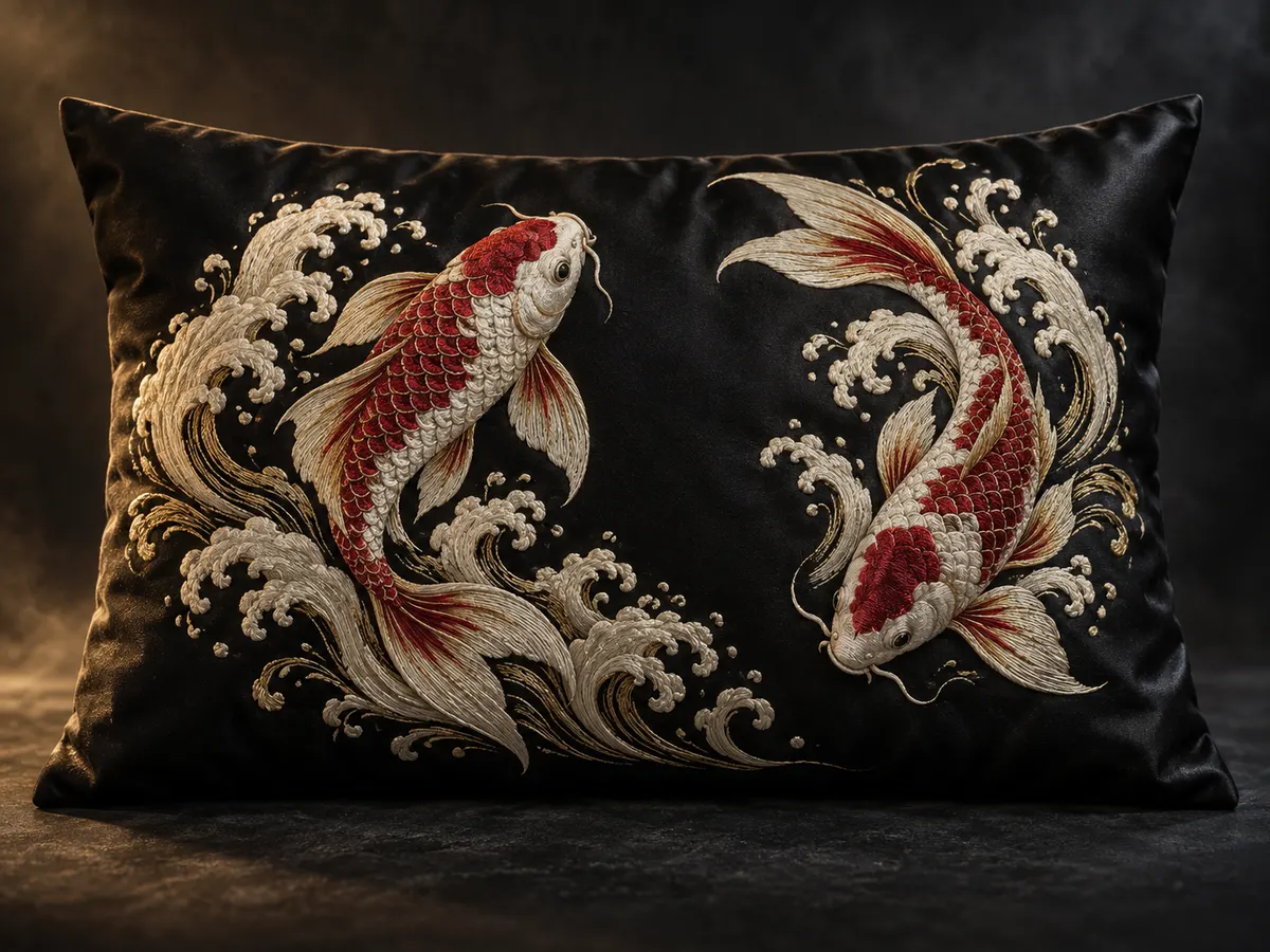Two embroidered koi swimming in opposite directions through ivory waves