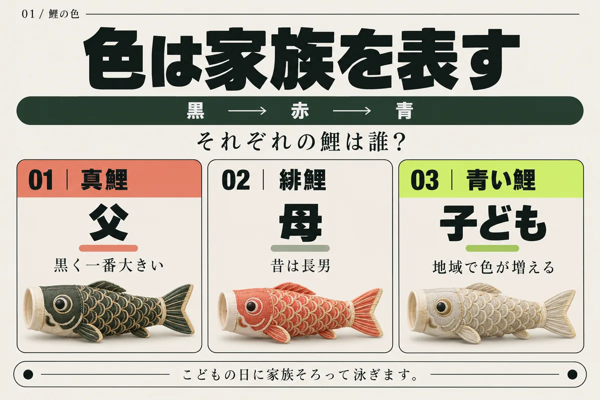 鯉のぼりの色の意味。黒い真鯉は父、緋鯉は今は母で昔は長男、青や小さな鯉は子どもを表します。