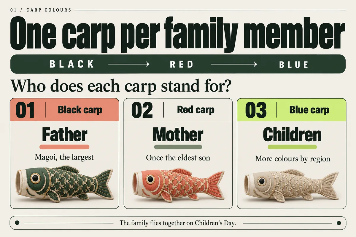Koinobori colours: black carp for father, red for mother, and blue and smaller carp for children.