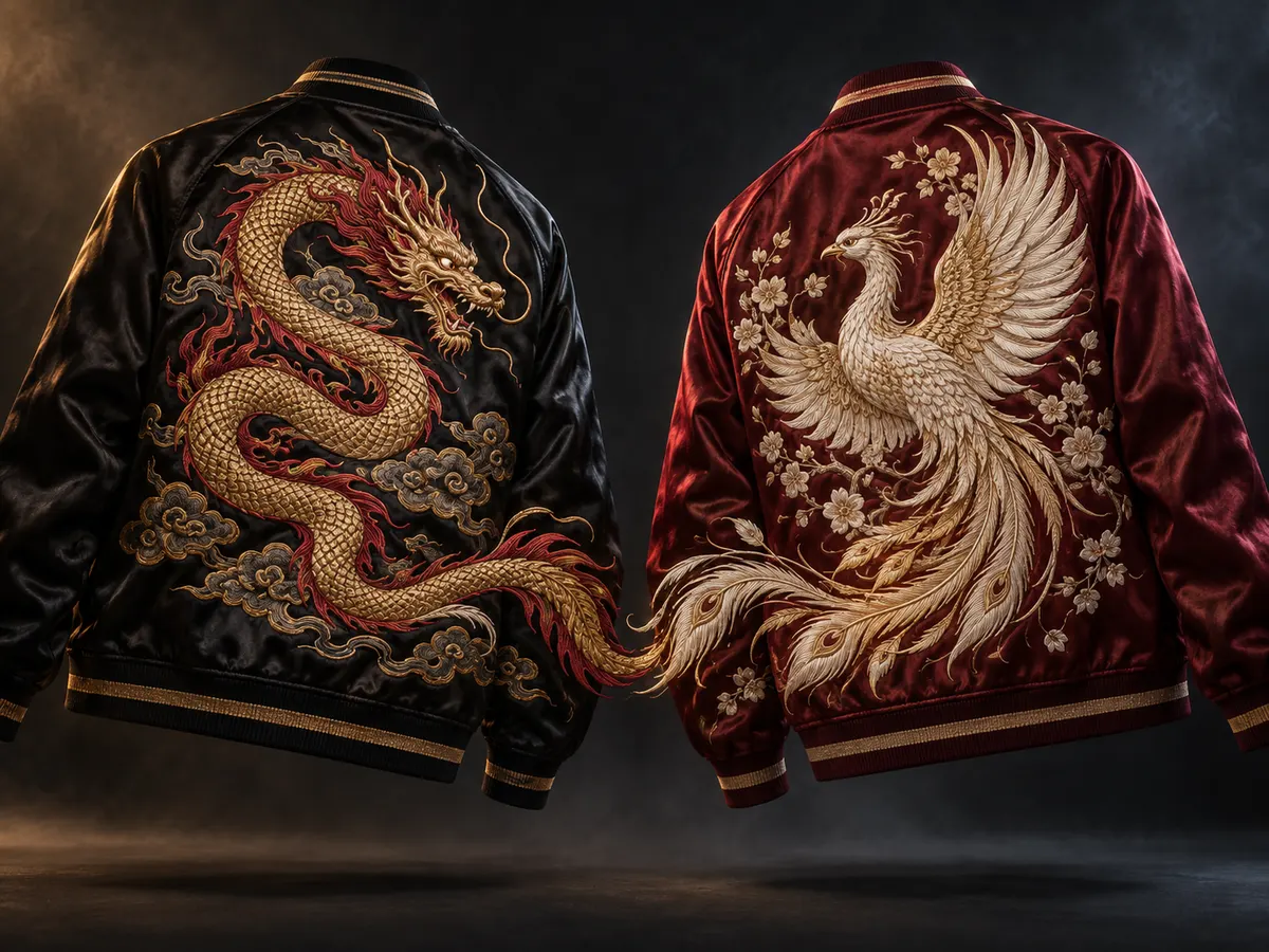 Gold dragon and ivory phoenix embroidery facing each other across two jacket panels