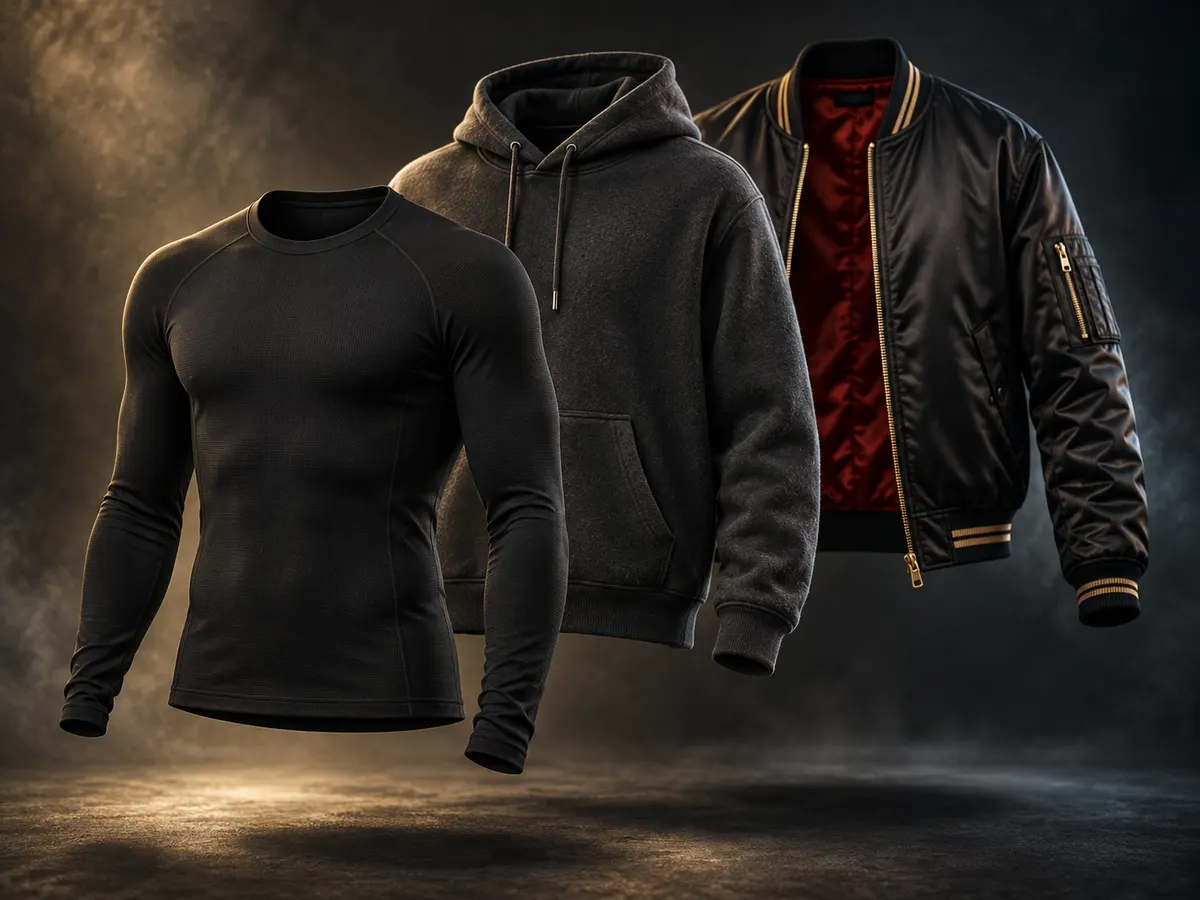 Base layer, hoodie and satin bomber separated to show a streetwear layering stack