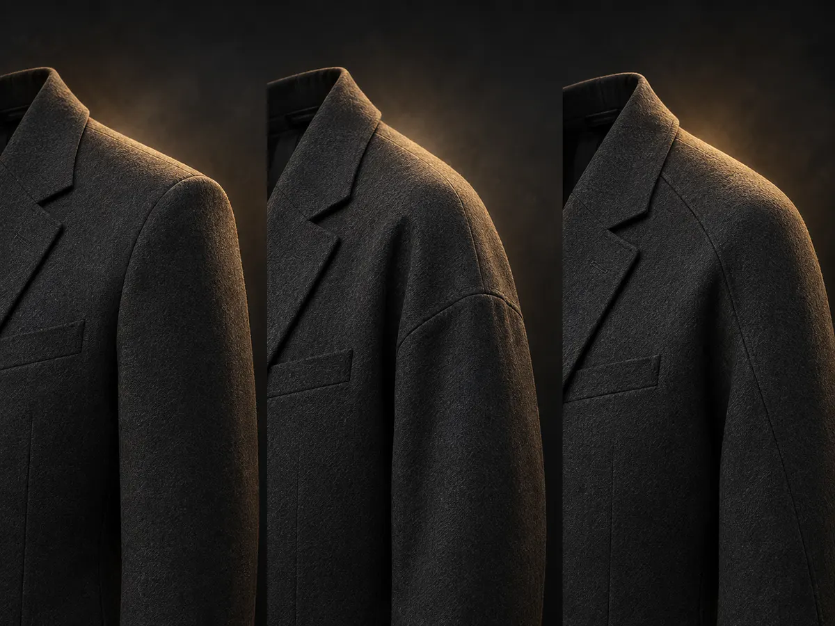 Set-in, dropped and raglan shoulder seams compared on charcoal jacket sections