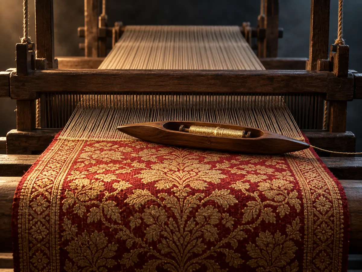 Wooden loom with taut warp threads, gold weft shuttle and emerging brocade