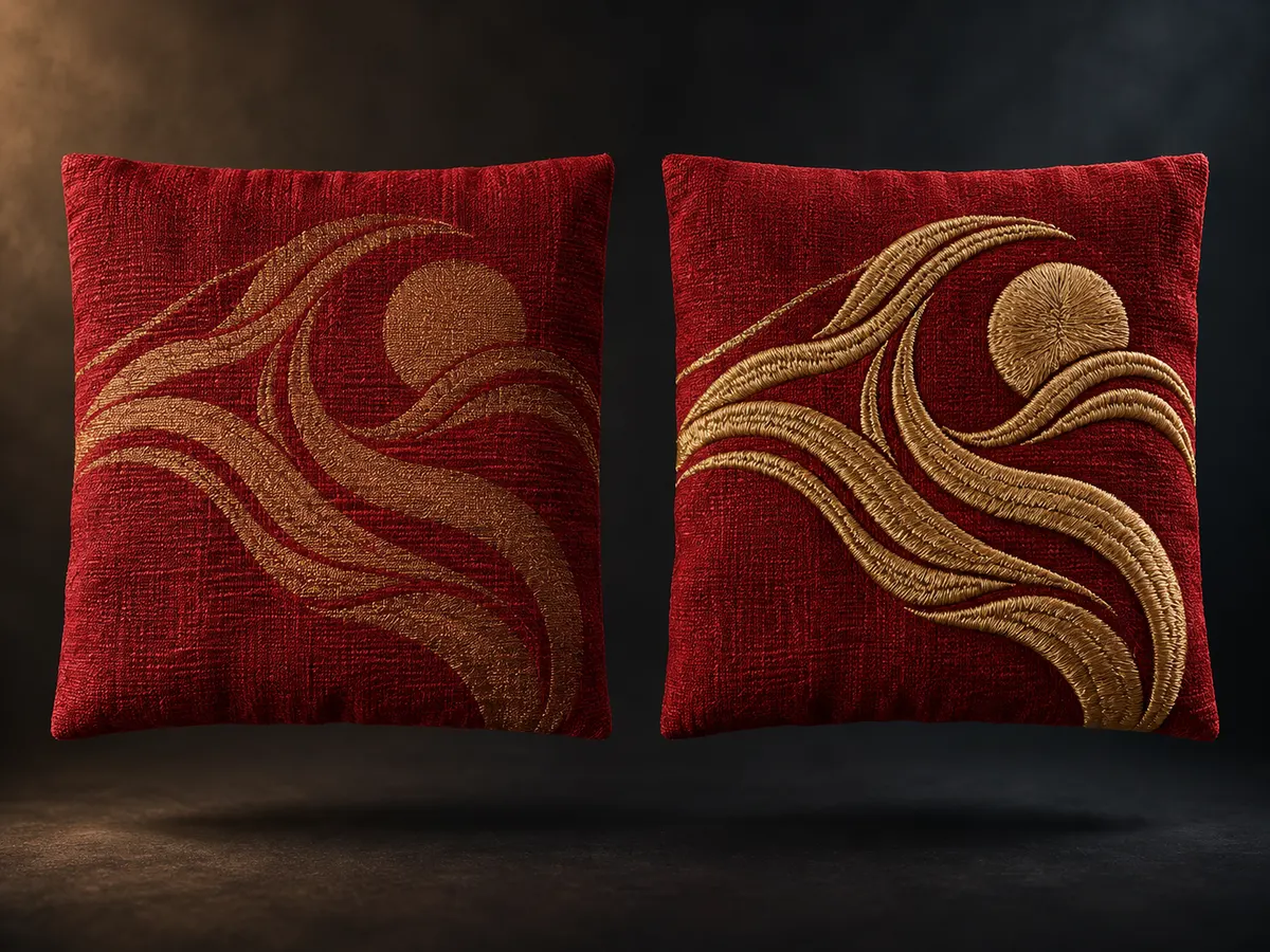 Flush woven gold motif compared with raised embroidery on crimson cloth