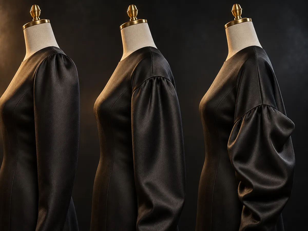 On-shoulder, controlled drop and collapsed shoulder seams compared on black satin