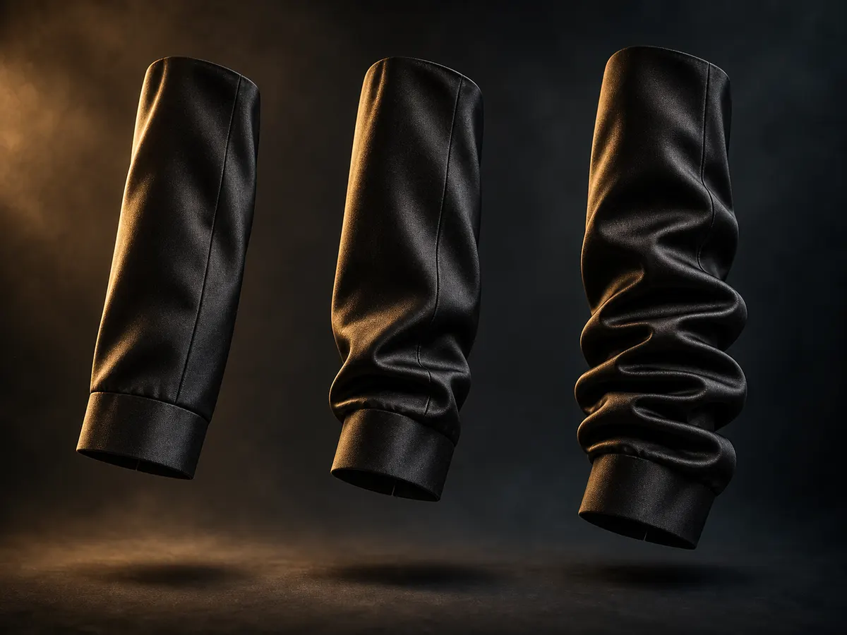 Three black satin sleeve lengths showing clean, soft and heavily stacked breaks