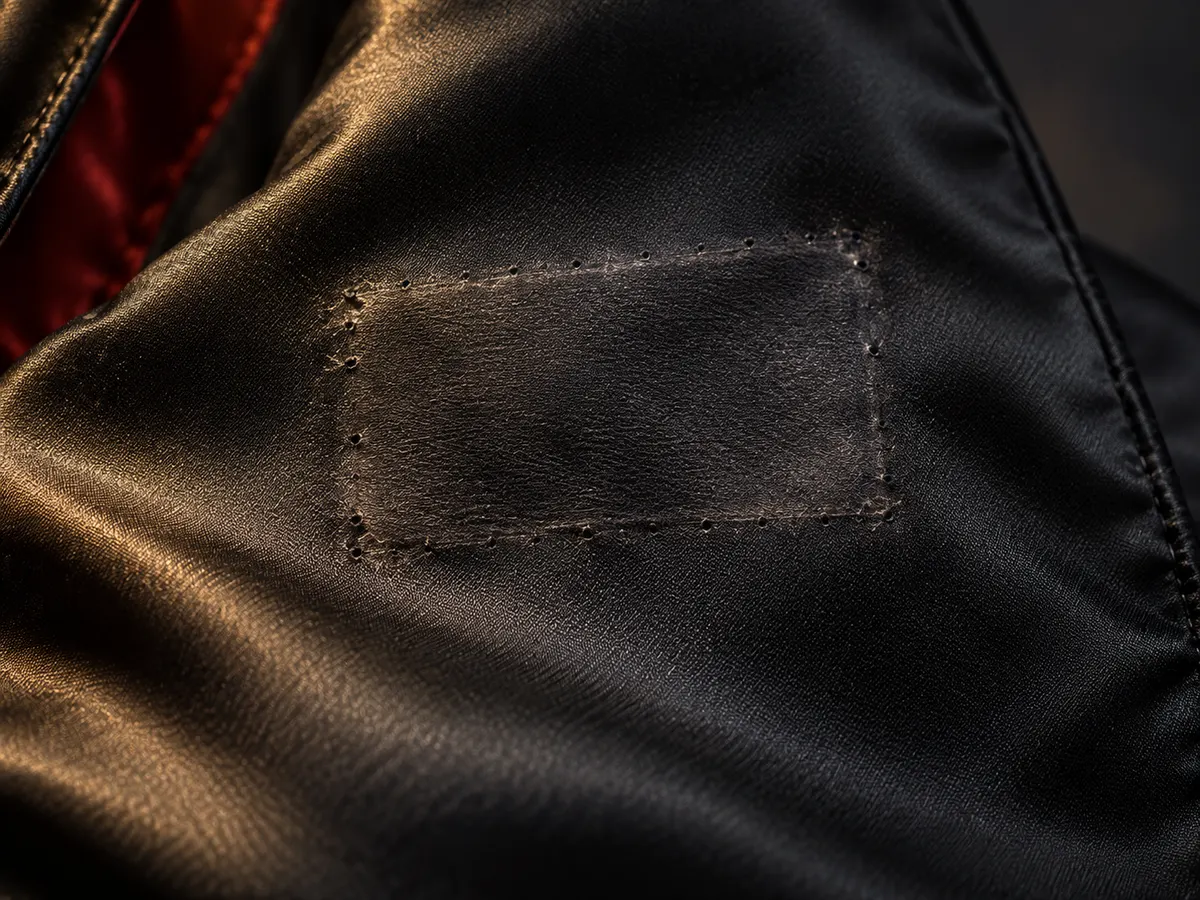 Black satin showing a flattened outline and needle holes after patch removal