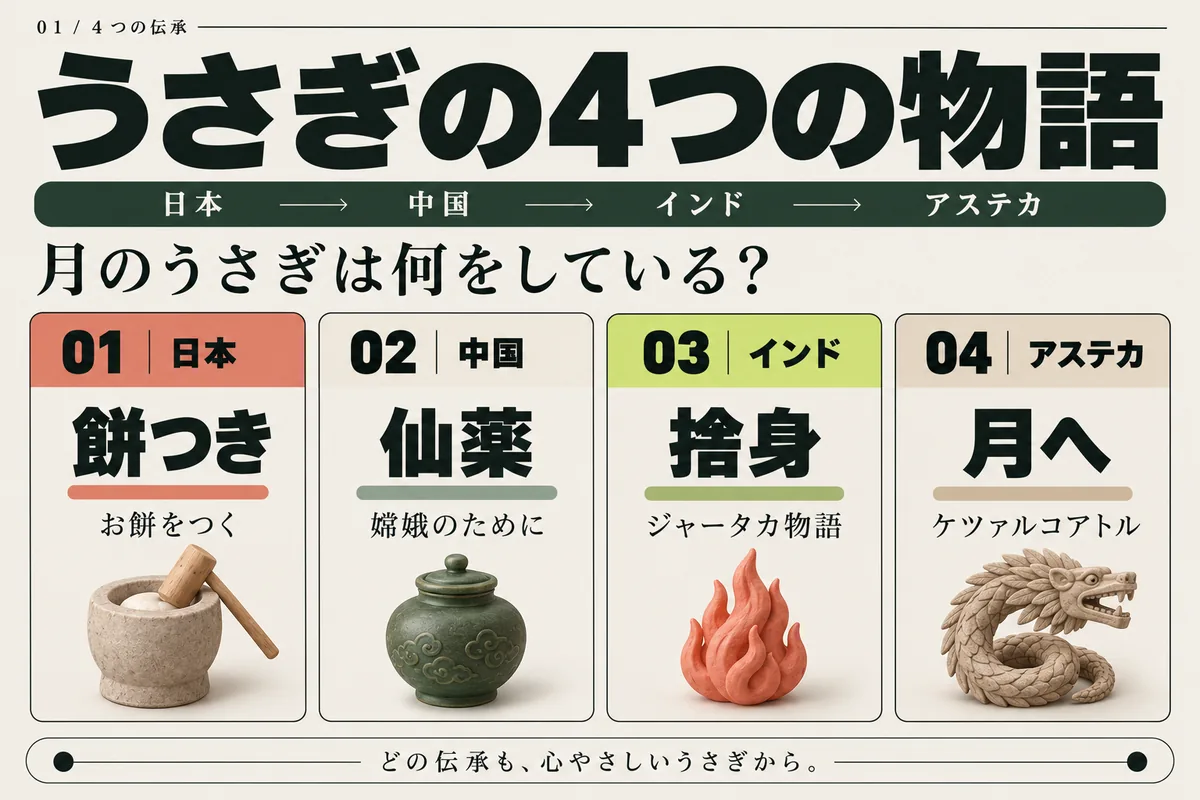 月のうさぎの4つの伝承。日本では餅つき、中国では嫦娥のための仙薬づくり、インドのジャータカ物語では捨身、アステカではケツァルコアトルが月へ上げます。