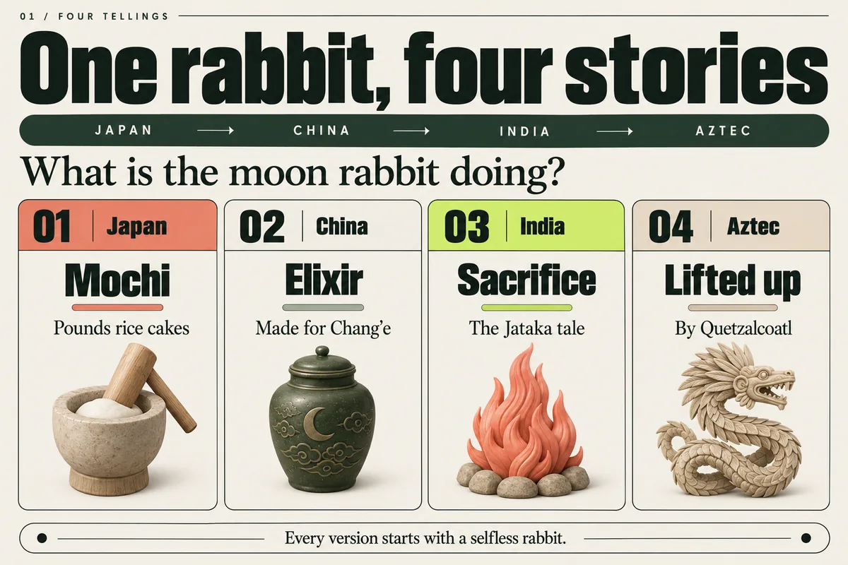 Moon rabbit tales: mochi in Japan, life's elixir in China, sacrifice in India, and Quetzalcoatl in Aztec legend.
