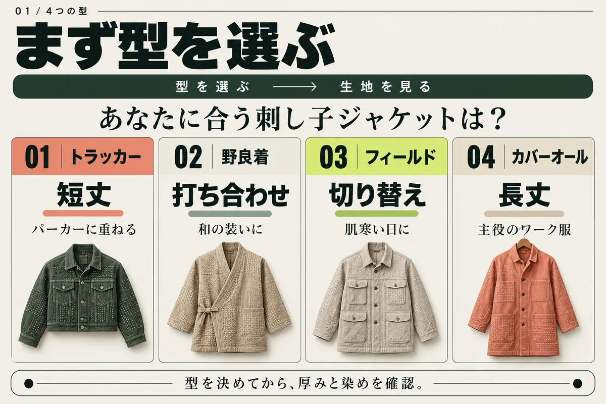刺し子ジャケットの4つの型。パーカーに重ねる短丈のトラッカー、和の装いに合う打ち合わせの野良着、肌寒い日のフィールドジャケット、主役になる長丈のカバーオール。