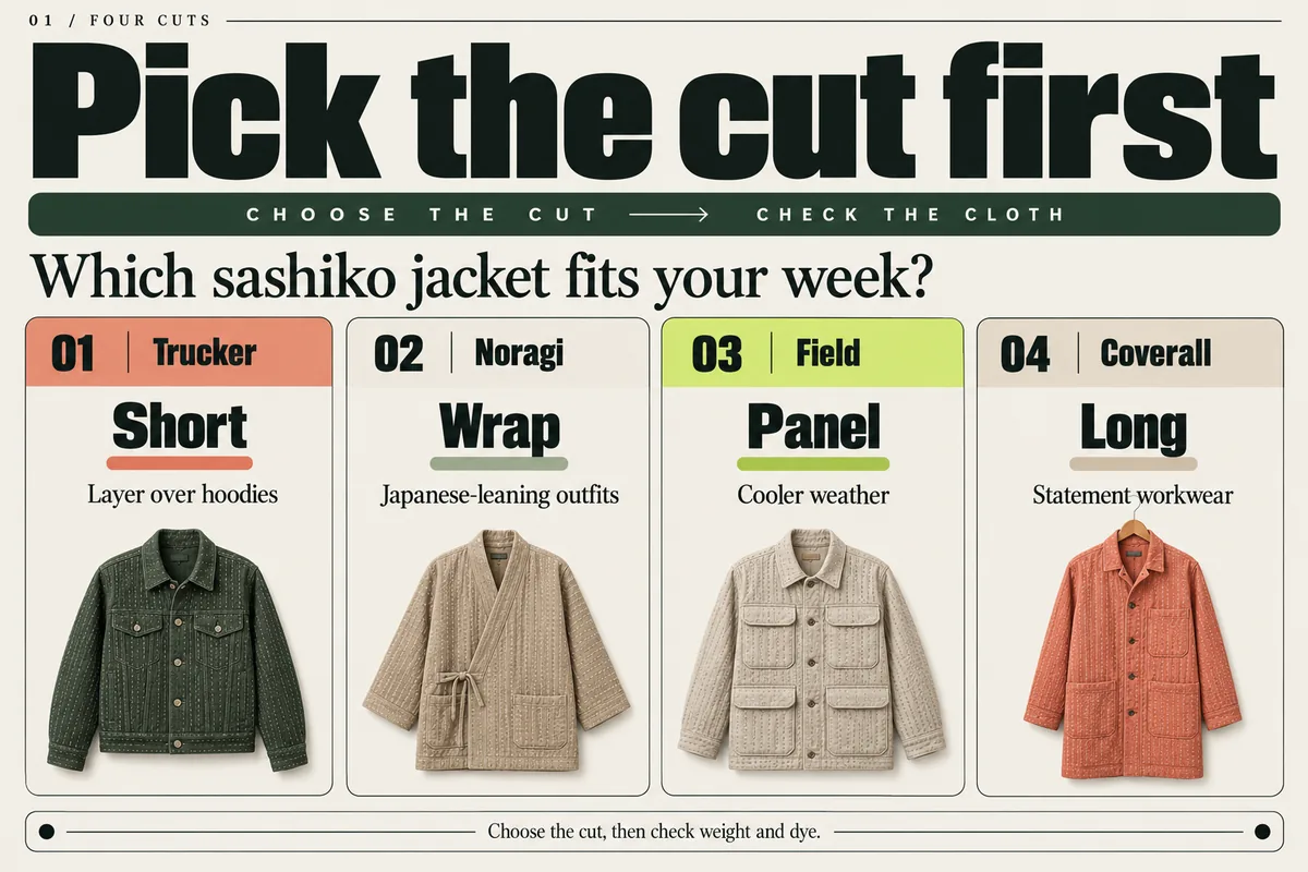 Four sashiko jacket cuts: short trucker, wrap-front noragi, panelled field jacket, and long coverall.