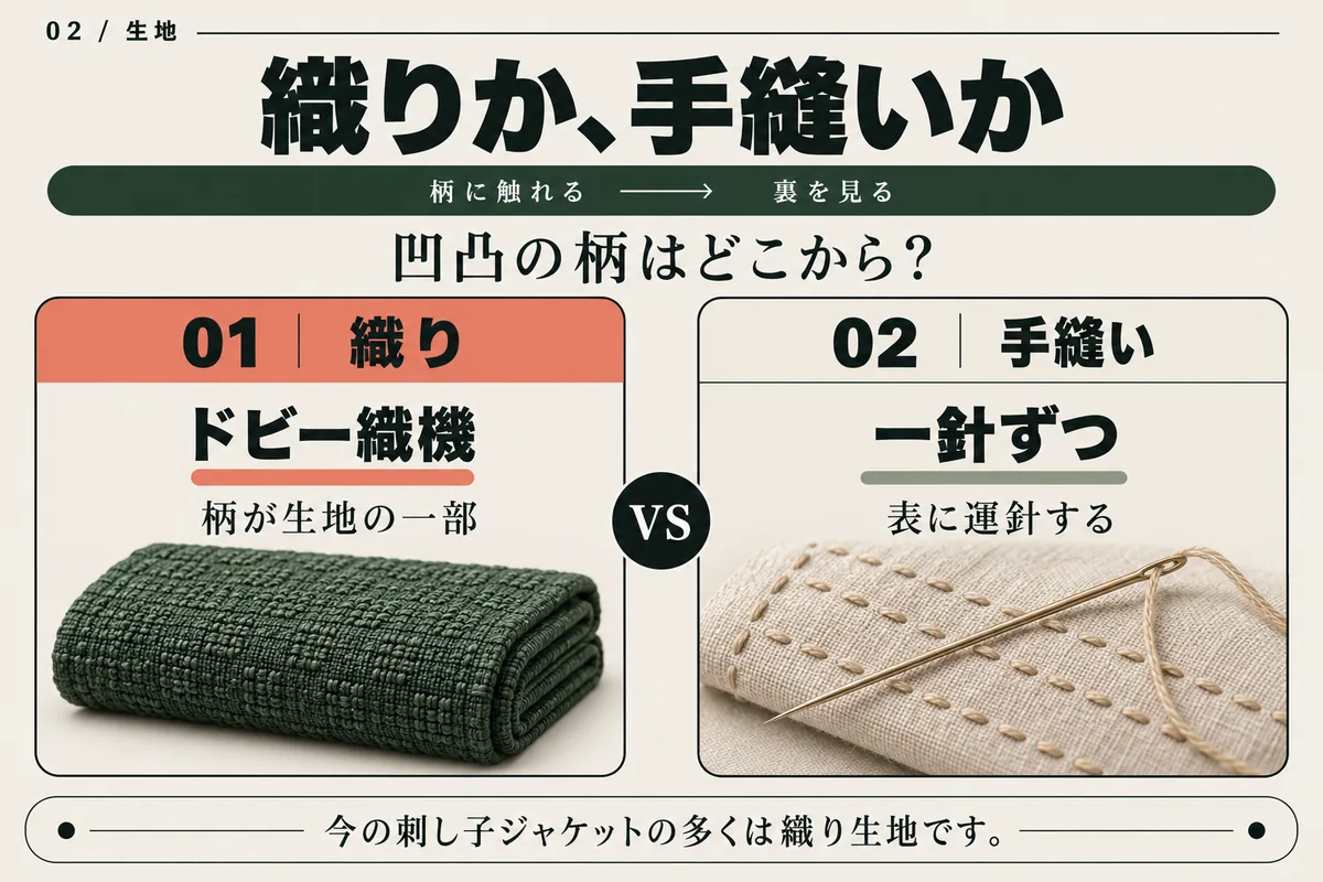 織りの刺し子と手縫いの刺し子の比較。織りはドビー織機で柄を生地に織り込み、手縫いは表に一針ずつ運針します。