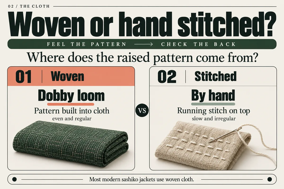Woven sashiko has a loom-made pattern in the cloth; hand-stitched sashiko has running stitches on top.